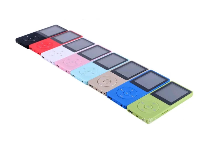 Slim black MP4 player with a 1.8 inch colour screen showing a music menu, placed next of headphones.