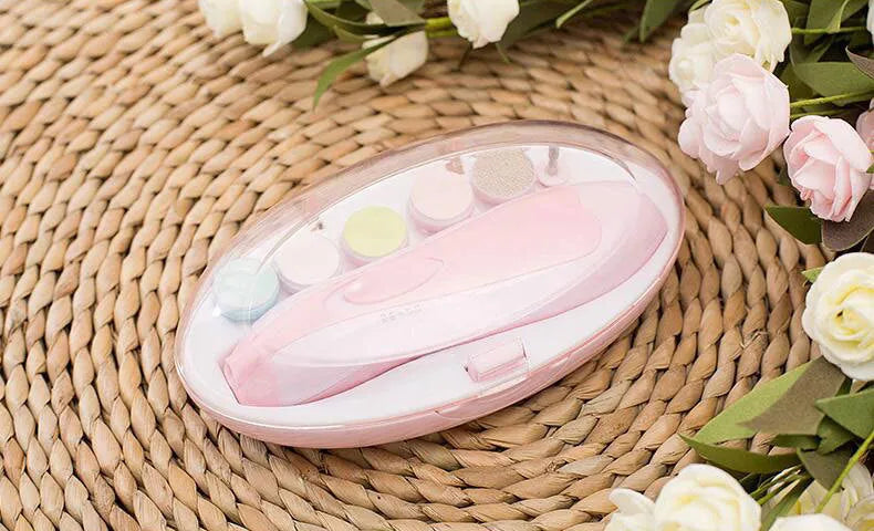 Blue anti-scratch multifunctional baby electric nail polisher with LED light and six grinding heads in a storage box
