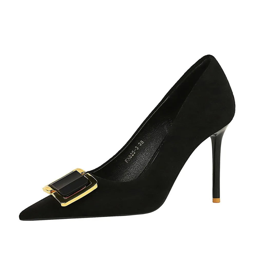 Black suede women's stiletto high heel shoes with a 9cm heel and pointed toe