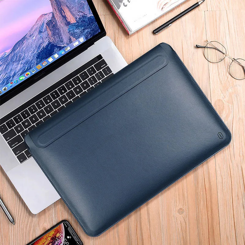 PU leather notebook liner laptop protective case in dark blue with soft handle and hook and loop closure