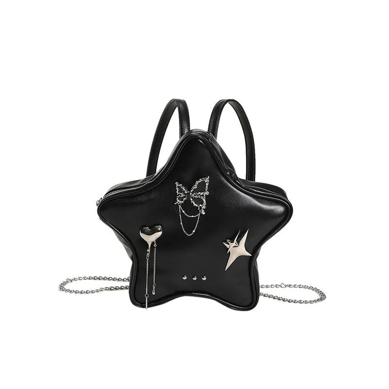 Black women's PU backpack with metal butterfly pendant, chain strap, and an outer 3D pocket.