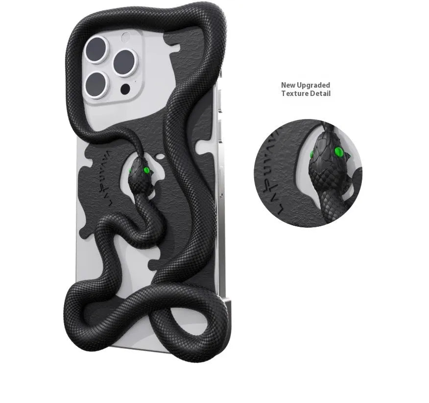 Black tailed snake hollowed out decorative phone case for iPhone 12-16 Pro Max