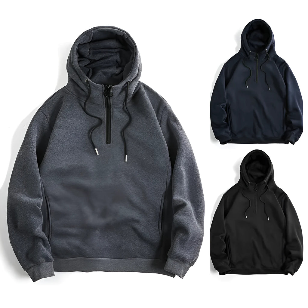Men's loose casual solid color hoodie pullover in dark gray, black, or navy blue, sizes S to 2XL.