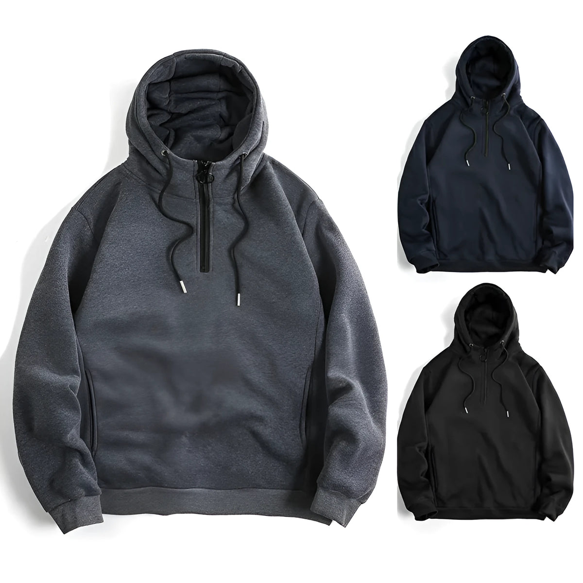 Men's loose casual solid color hoodie pullover in dark gray, black, or navy blue, sizes S to 2XL.