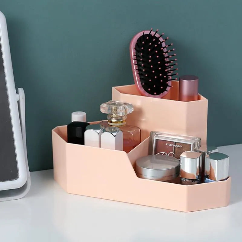 Multi-grid corner storage box in grey, made from ABS material, with distinct high and low compartments