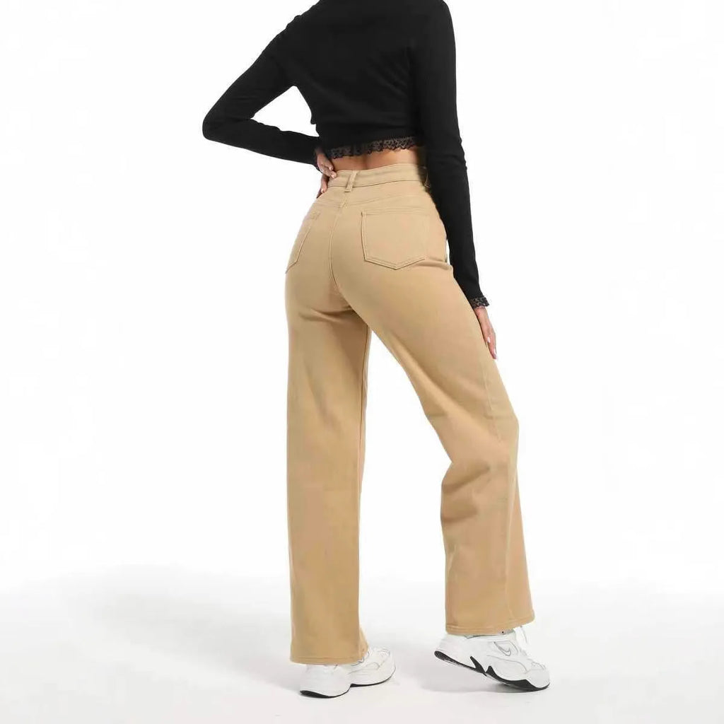 Women's high-waisted straight wide-leg jeans in apricot colour autumn casual trousers