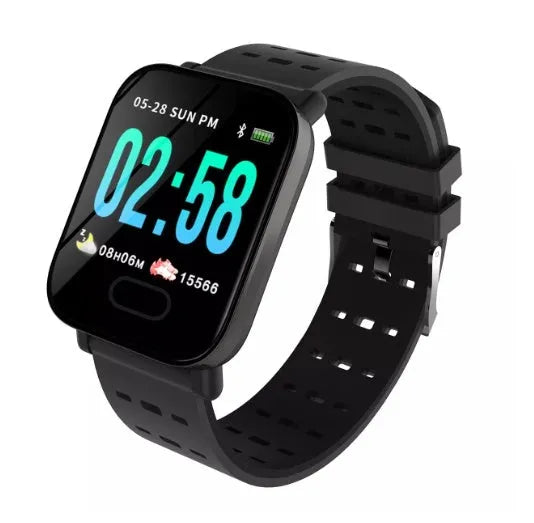 A6 smart bracelet with colour screen and silicone strap in blue, shown on a wrist.