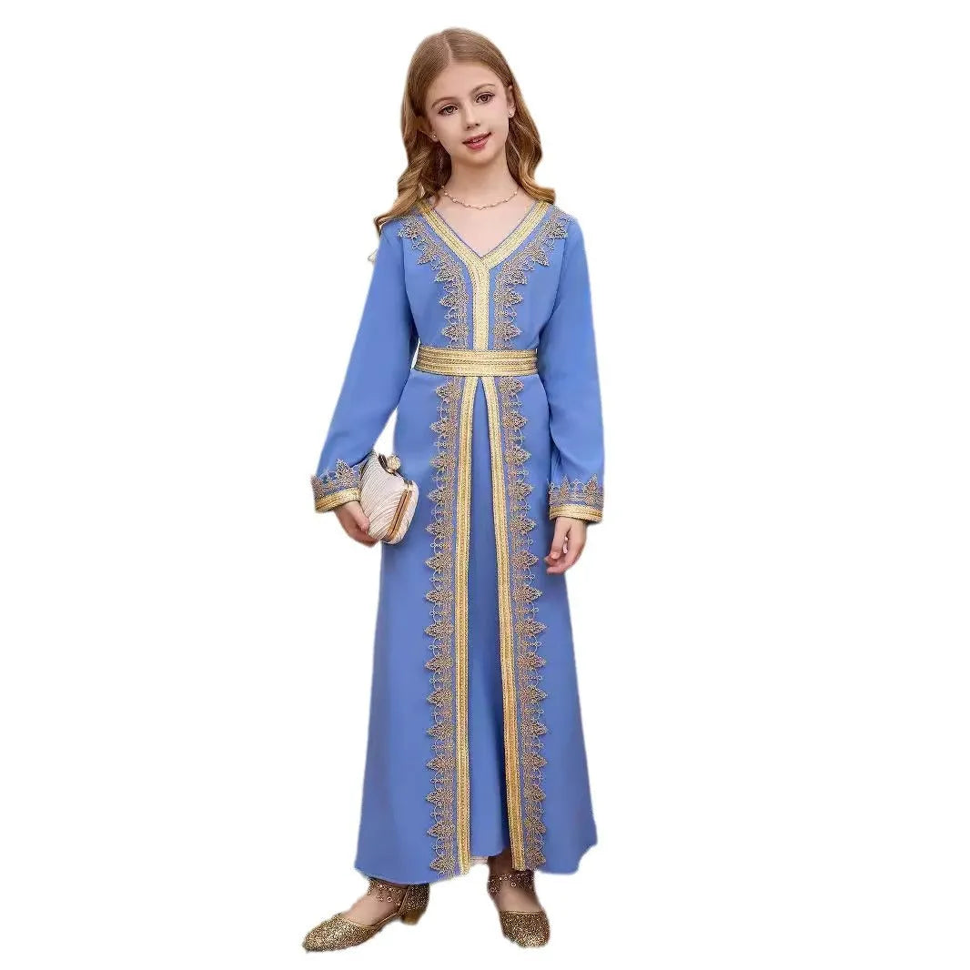Children's Girls Lace V-Neck Top from Dubai Foreign Trade Collection in Ice Blue and Pink for All Seasons Sizes 4Y to 12Y with Polyester Lining Material and National Style Design Simple Everyday Wear Top for Girls