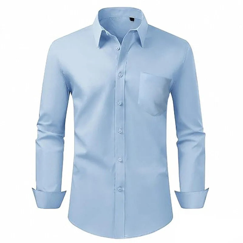 Men's breathable stretch wrinkle-resistant long sleeve polyester shirt in Pearl White laid flat showing front view