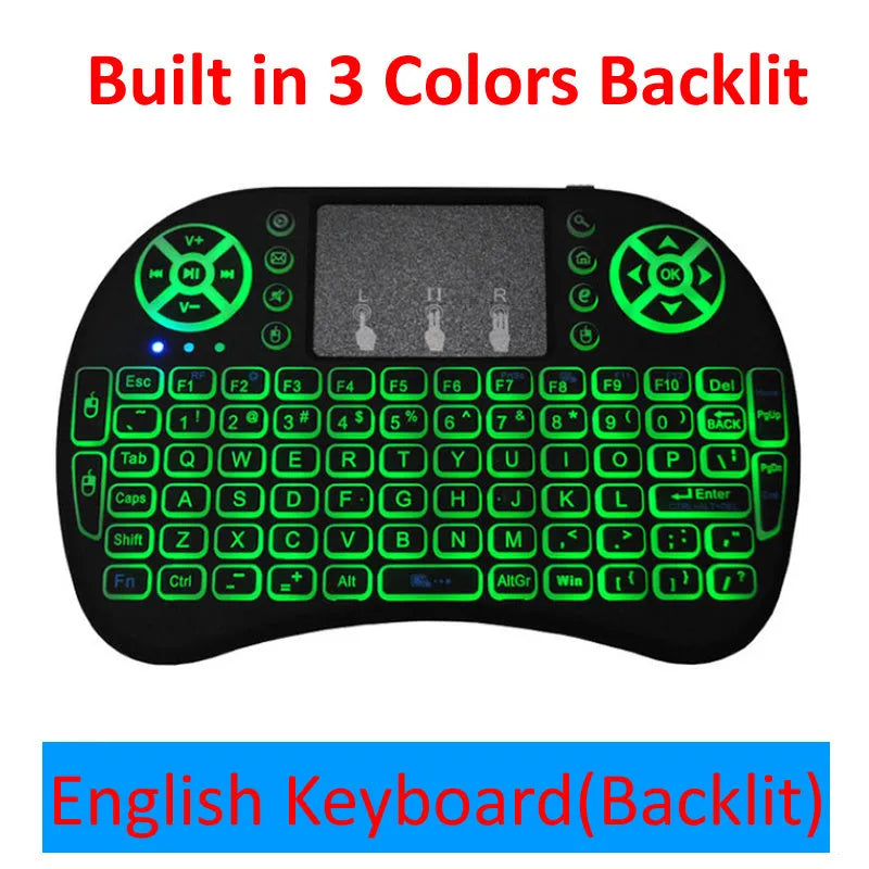Black 2.4G wireless mini keyboard with touchpad, up to 92 QWERTY keys, dual mouse buttons, 14.6 x 97.5 x 19mm