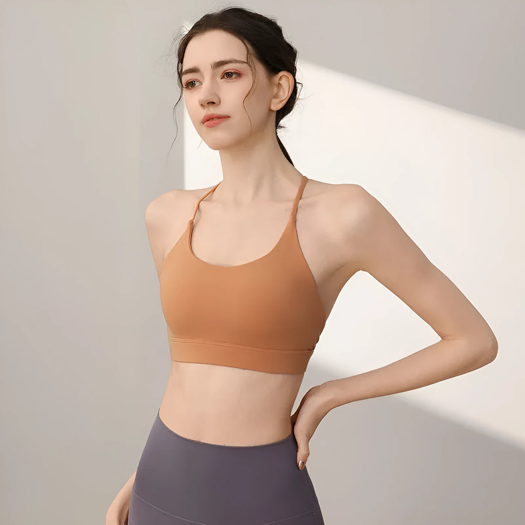 Women's nylon sports vest with fixed double-shoulder straps in various colours for running and yoga