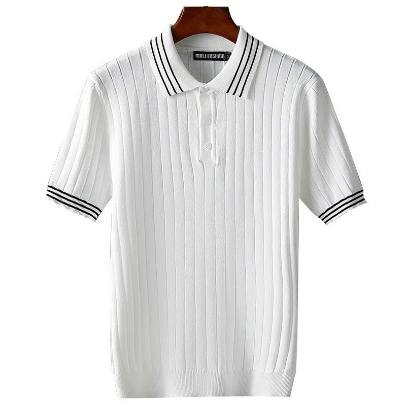Men's ice silk short sleeve thin lapels polo sweater in black, casual pullover style, viscose fabric