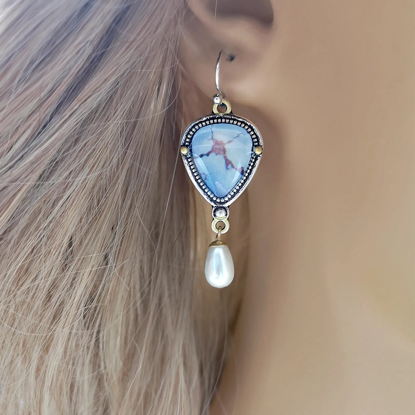 Retro blue drop earrings with electroplated metal, synthetic blue opal, and white pearl components