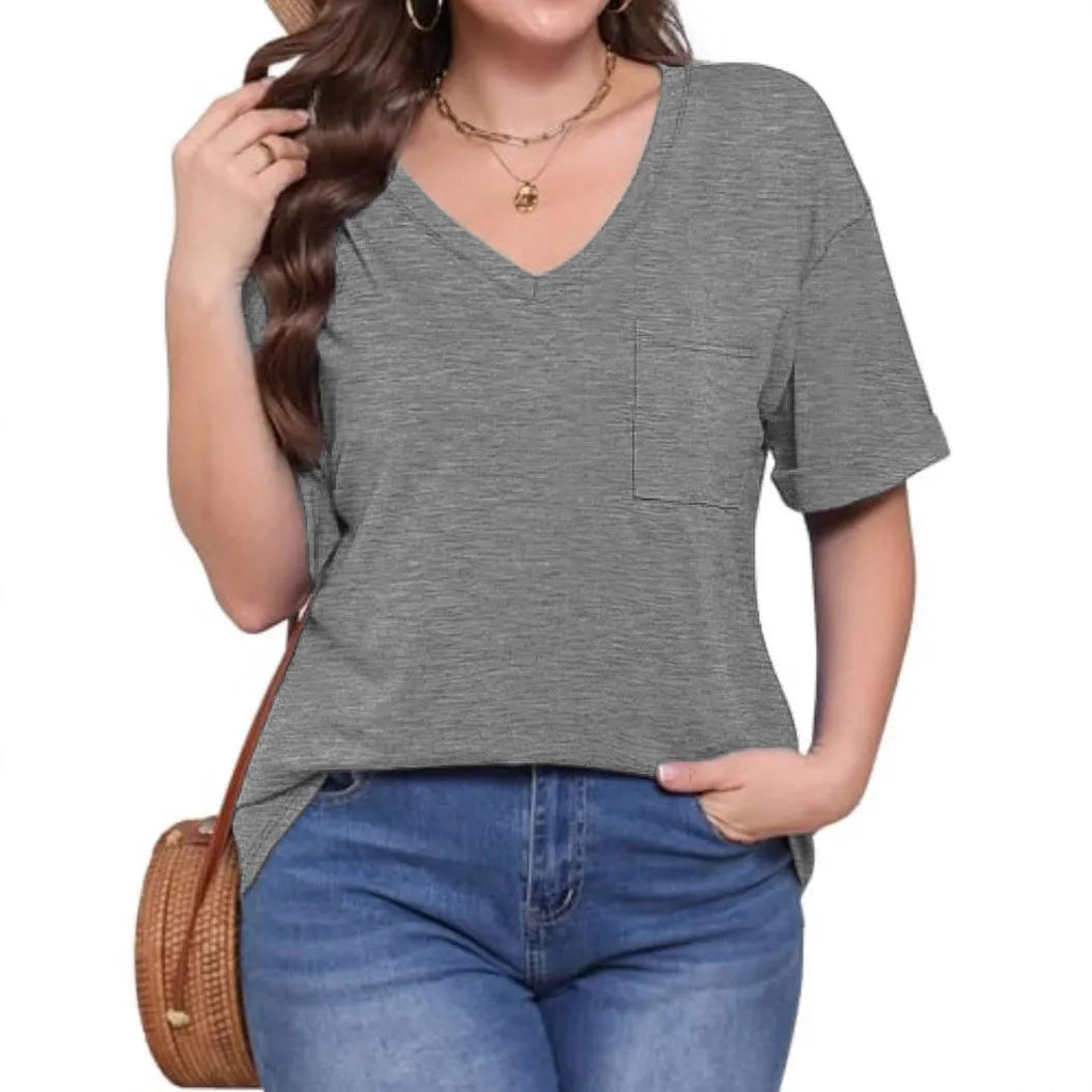 Grey loose fit V-neck short sleeve t-shirt with a chest pocket on a hanger.