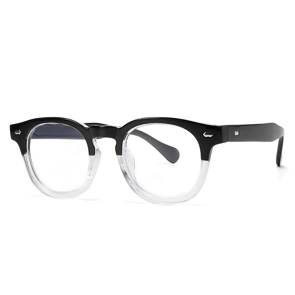Simple round rim retro sunglasses with plastic frame on a solid background.