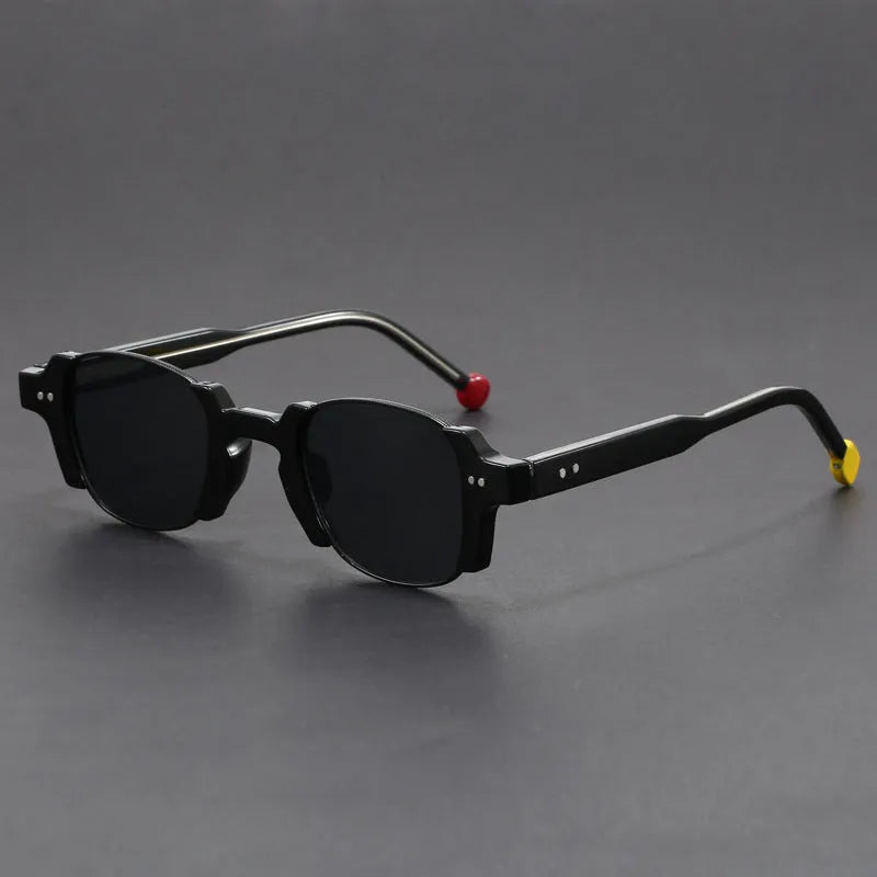 Retro square frame sunglasses in various colours including dark green and hawksbill blue.
