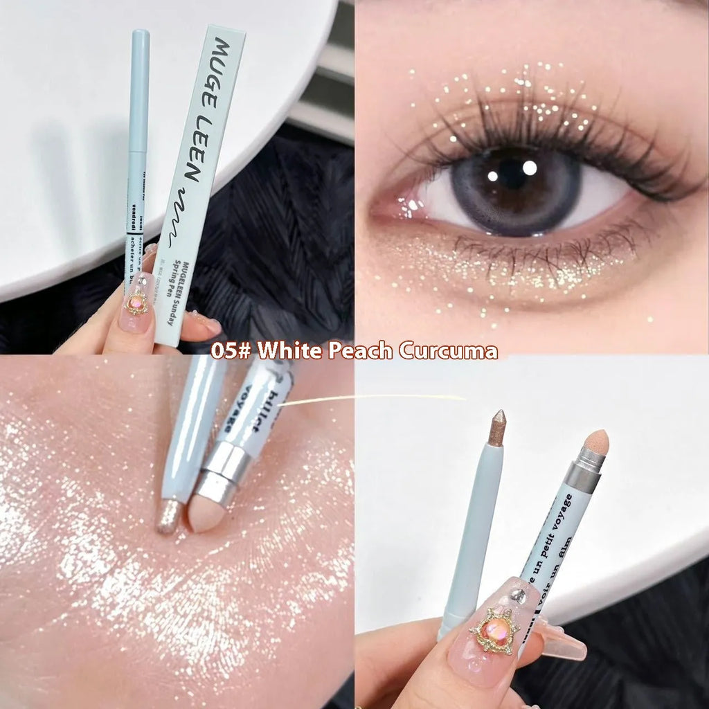 Waterproof 2-in-1 eye shadow pen showing various shades including gold, purple, and brown.