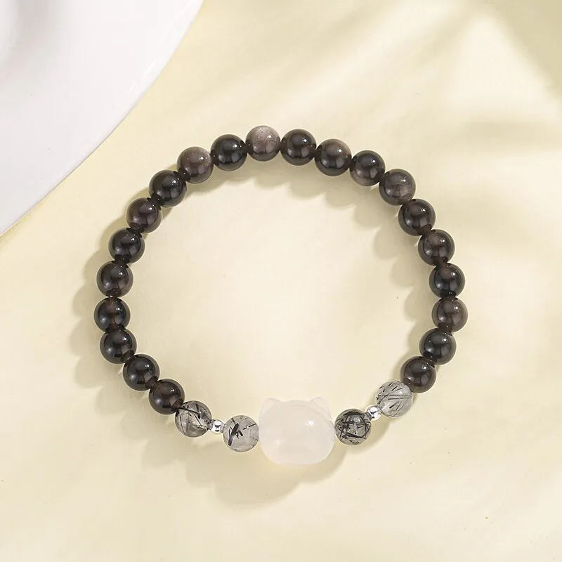Obsidian cat couple bracelet with electroplated silver finish in silver stone or white agate colour options