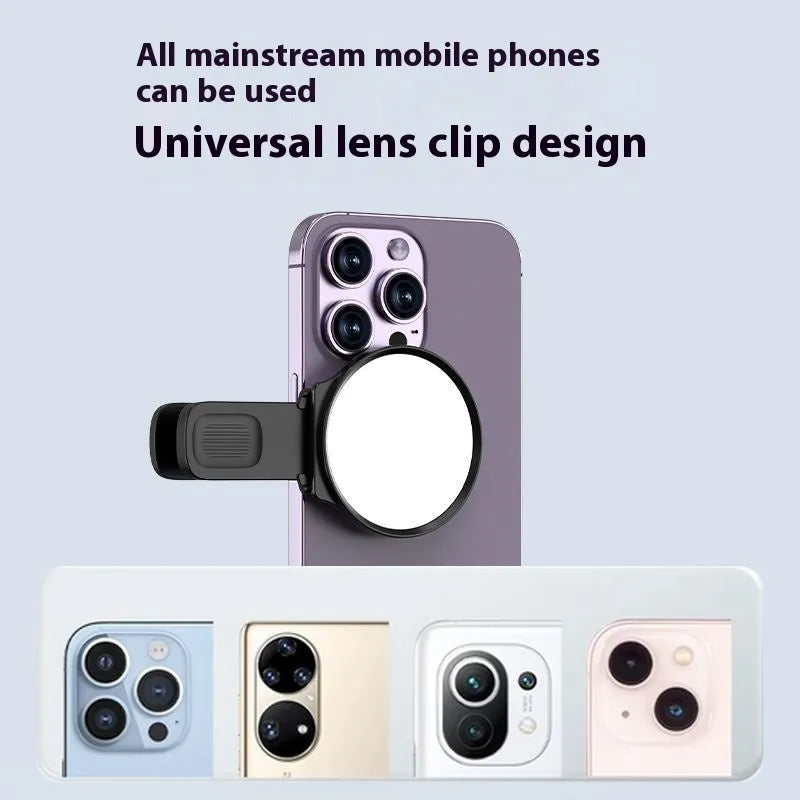Black mobile phone rear camera self-timer clip with mirror, plastic and glass, includes lens, cloth, and storage box.