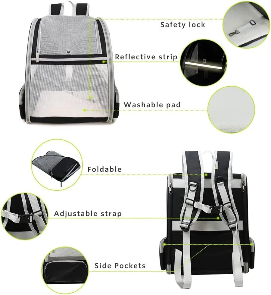Grey or pink PVC mesh pet carrier backpack for cats and small dogs, 42cm x 31cm x 5cm, with chest buckles and removable mat