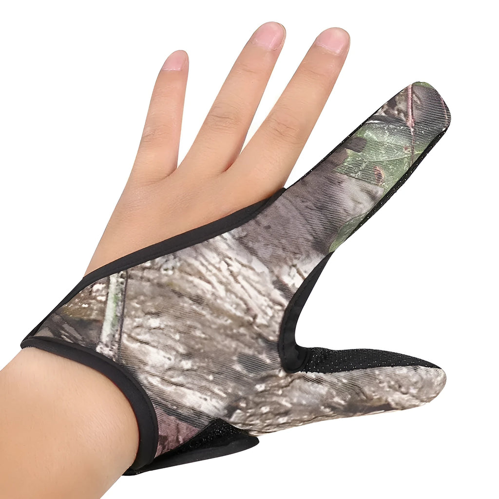 A single two-finger fishing glove for lure handling, shown in a camouflage colour variant.