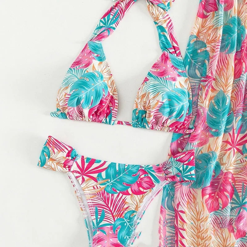 Women's floral printed mesh beach skirt swimsuit set with split cover-up in polyester, three pieces, size S to XL