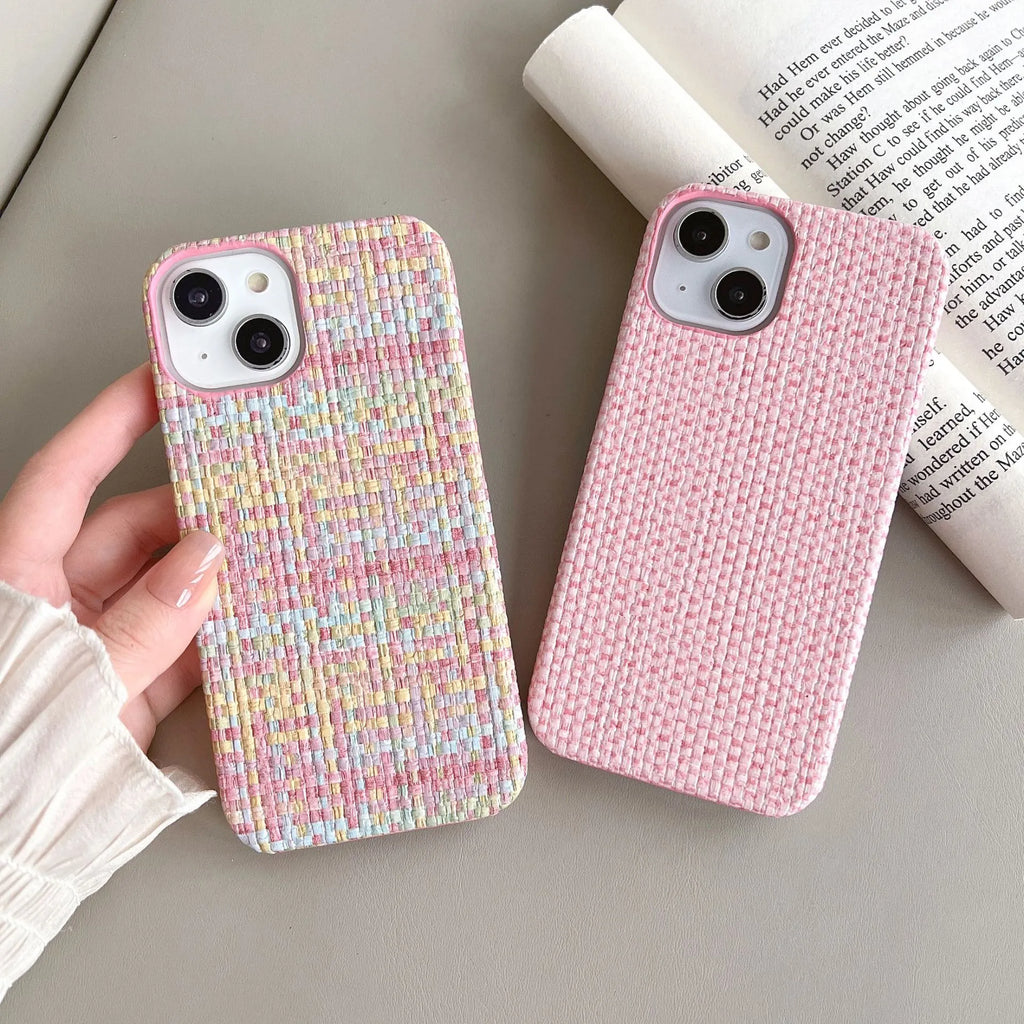 Hand-woven plaid TPU mobile phone case in pink with all-inclusive fit and fall protection