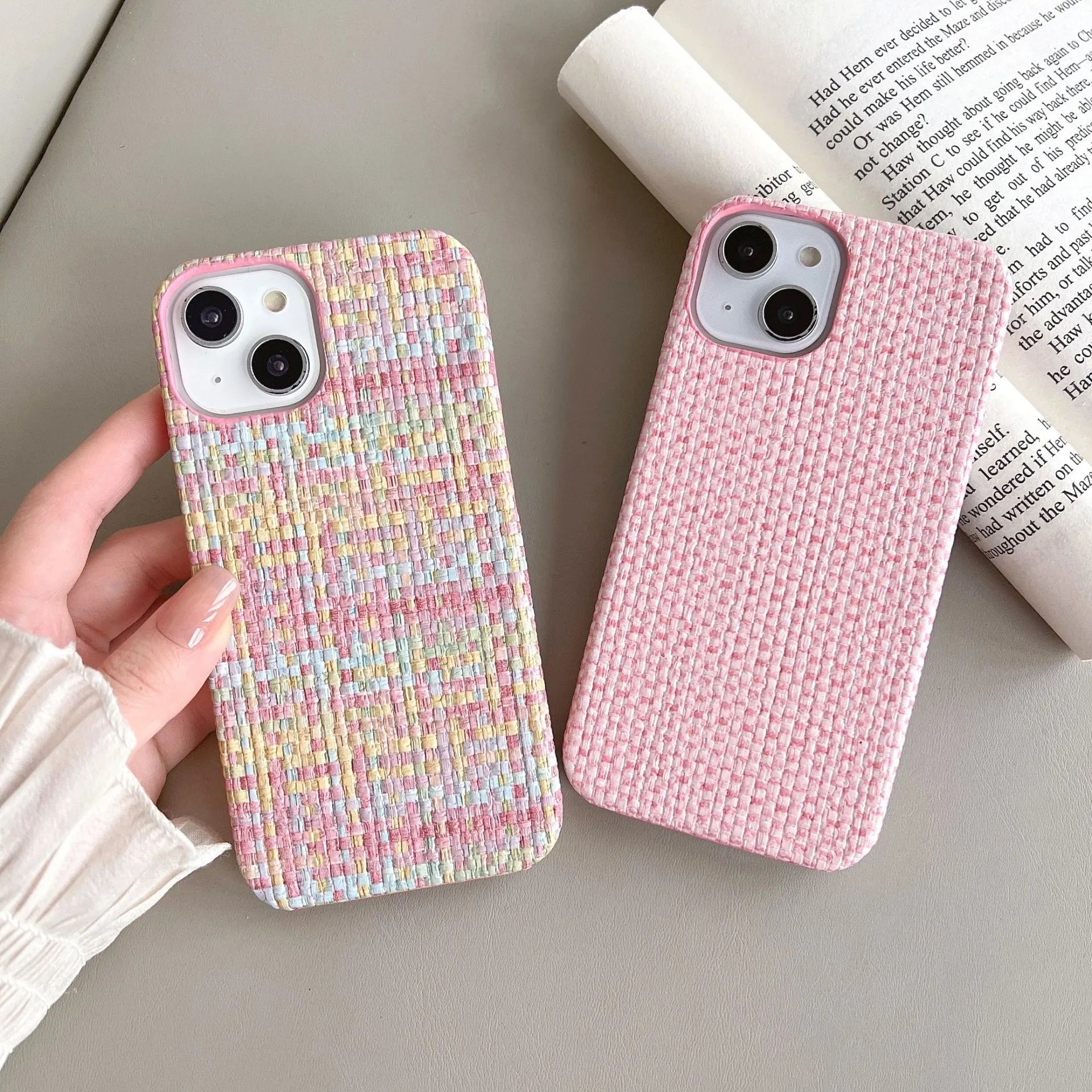 Hand-woven plaid TPU mobile phone case in pink with all-inclusive fit and fall protection