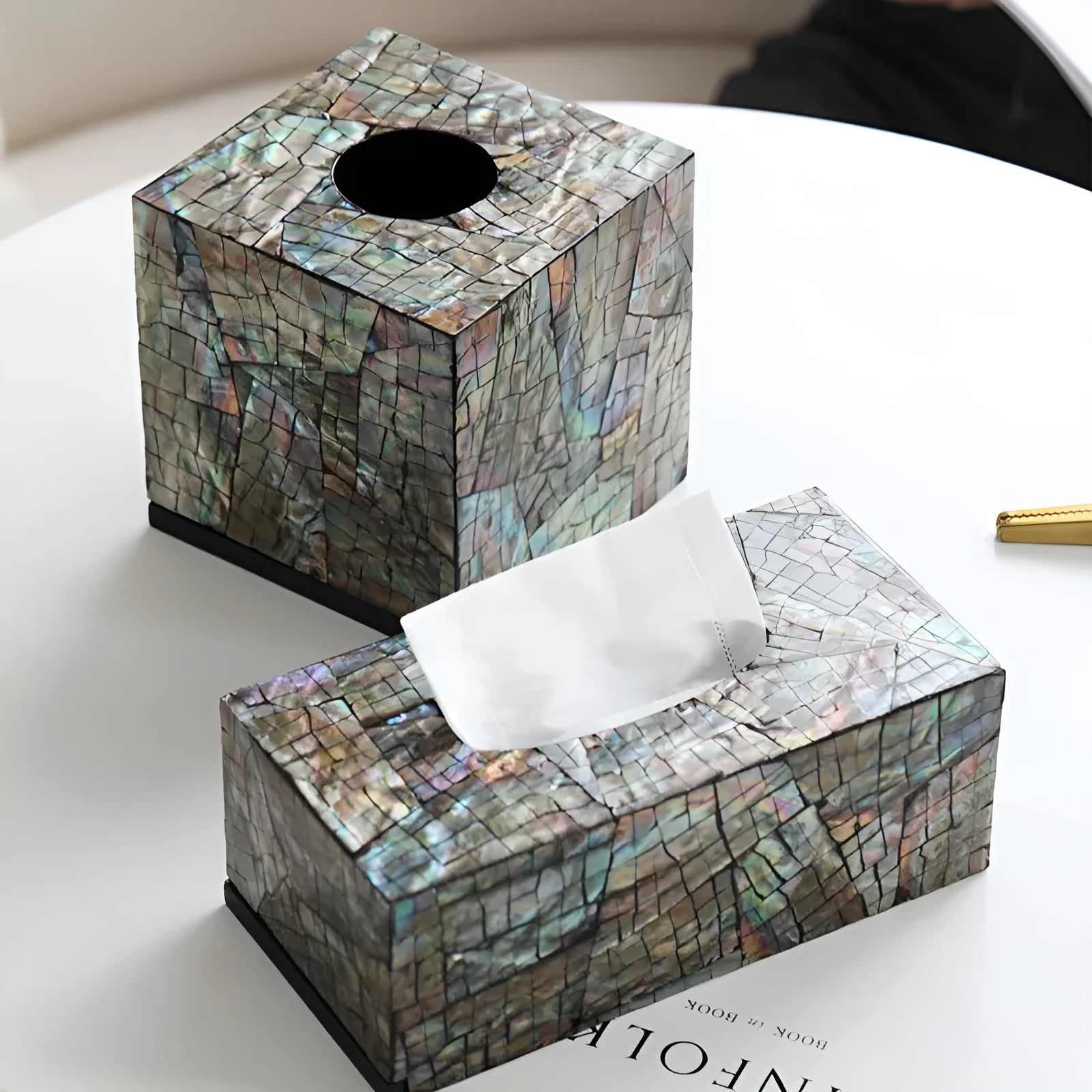 Black rectangular and square natural shell tissue box storage holder on a coffee table.