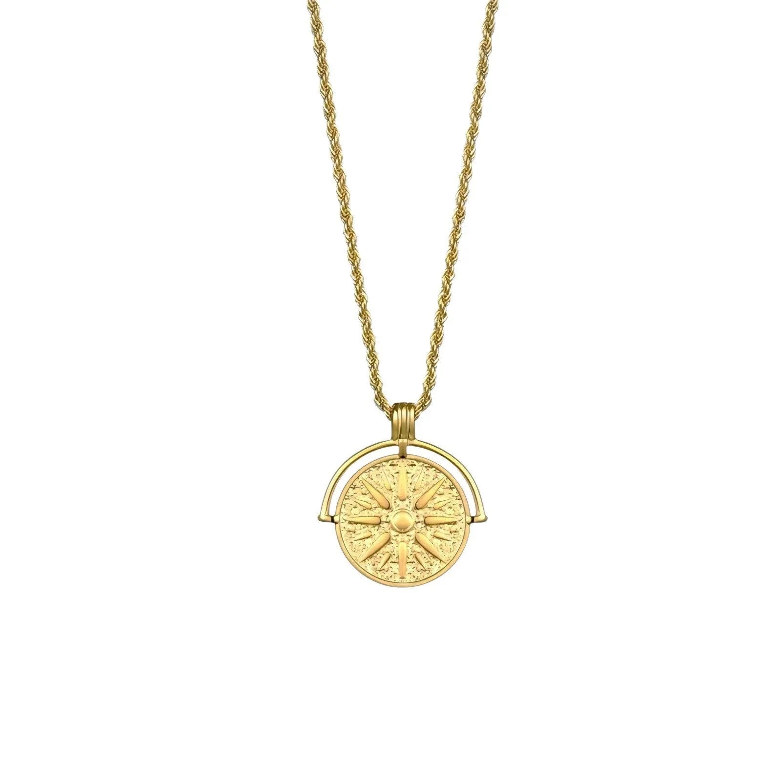 Titanium steel sunflower embossed pendant necklace with geometric design on hemp flowers chain