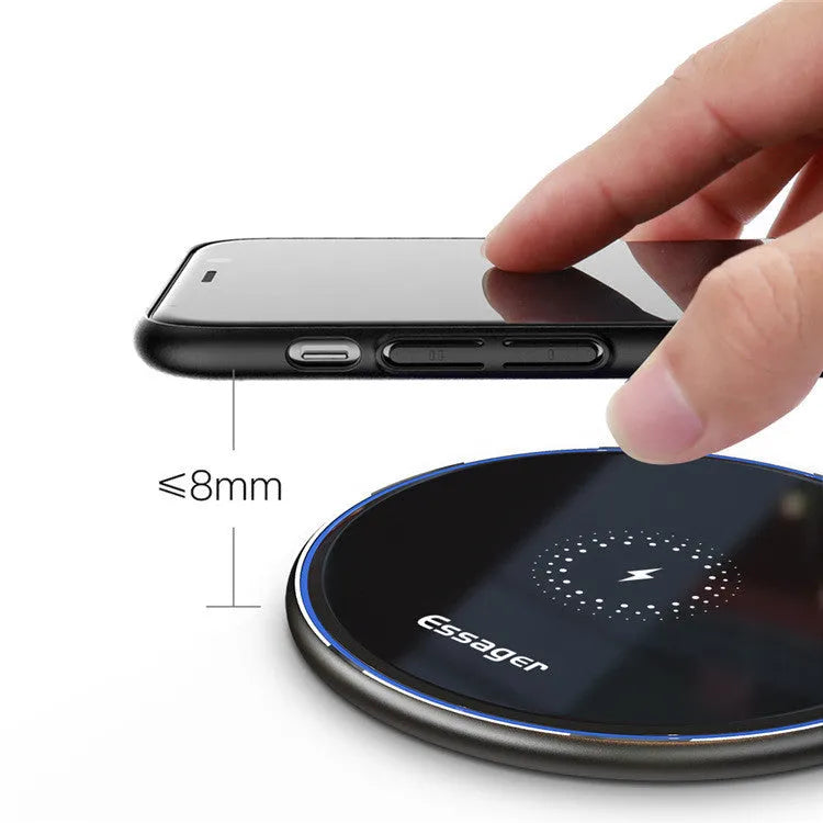 Desktop round wireless charger with mirror surface in black and white acrylic aluminium alloy