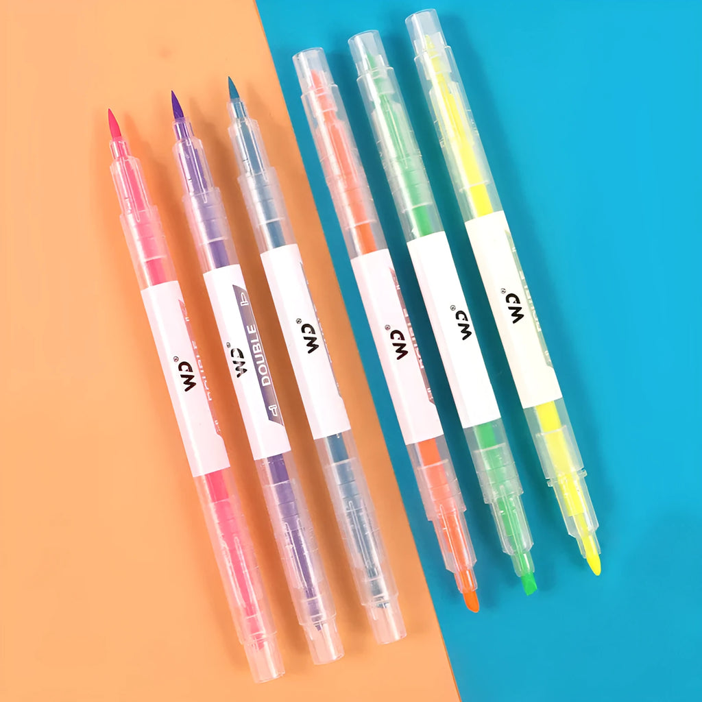 Six double-headed highlighter pens showing round and oblique tips in orange, purple, yellow, green, blue and pink colours