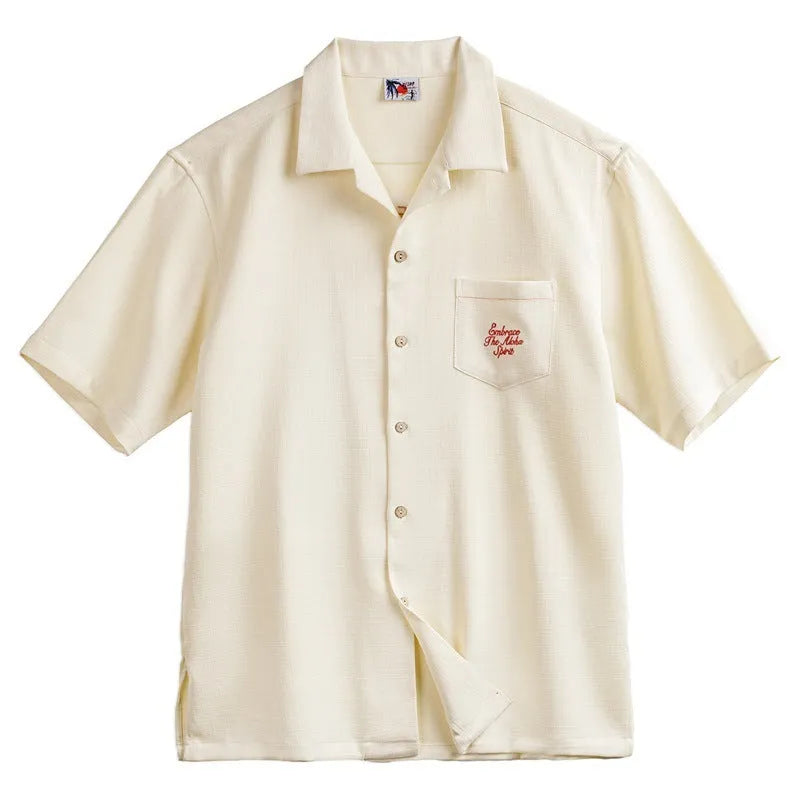 Light apricot Cuban collar shirt with bamboo plant pattern, polyester fabric, Asian sizing options