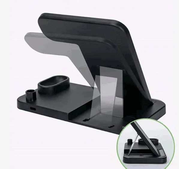 4-in-1 adjustable wireless charging station charging a phone, Apple Watch, and AirPods.