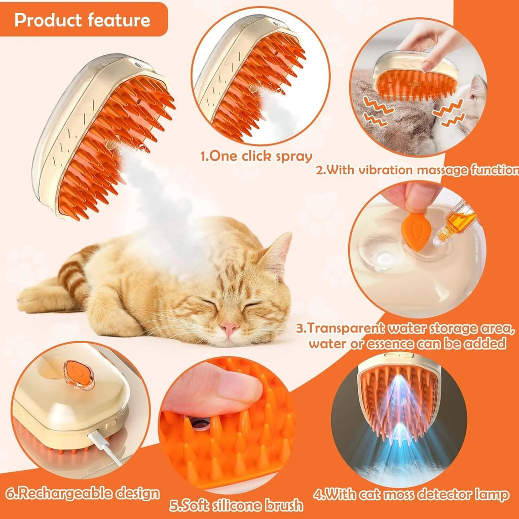 Yellow 4-in-1 cat steam brush with silicone teeth, steam spray function, and UV ringworm detector lamp