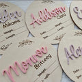 15cm square wooden baby birth name label with space for newborn information