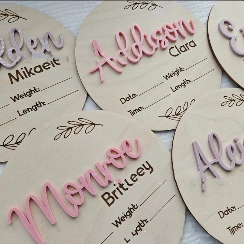 15cm square wooden baby birth name label with space for newborn information