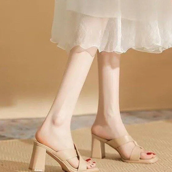 Women's open toe chunky heel sandals in apricot and milky white with PU upper, cowhide features and rubber sole
