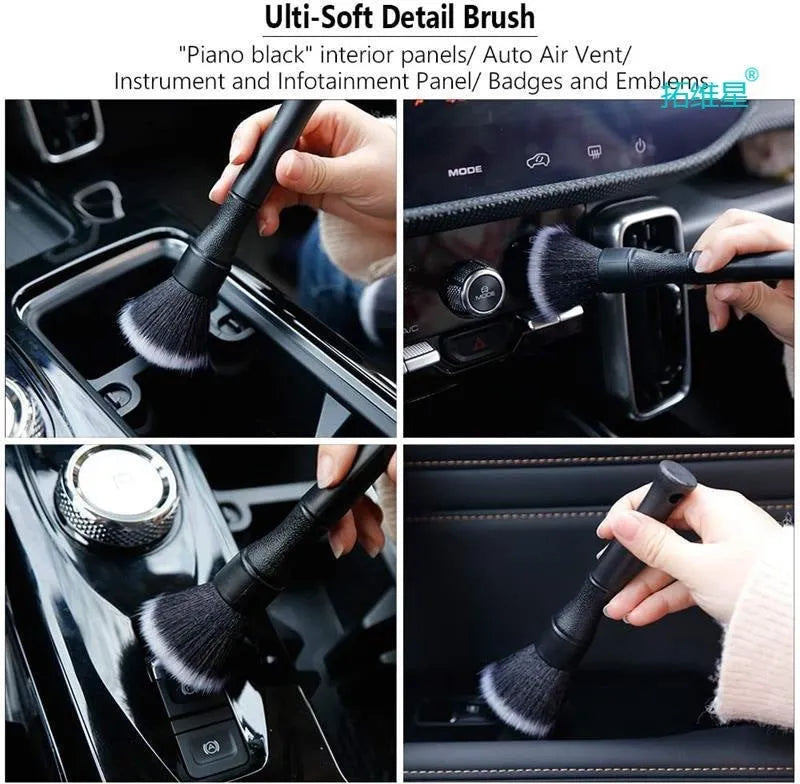Black car detailing brush with soft pig hair bristles and a PP handle shown in two sizes.