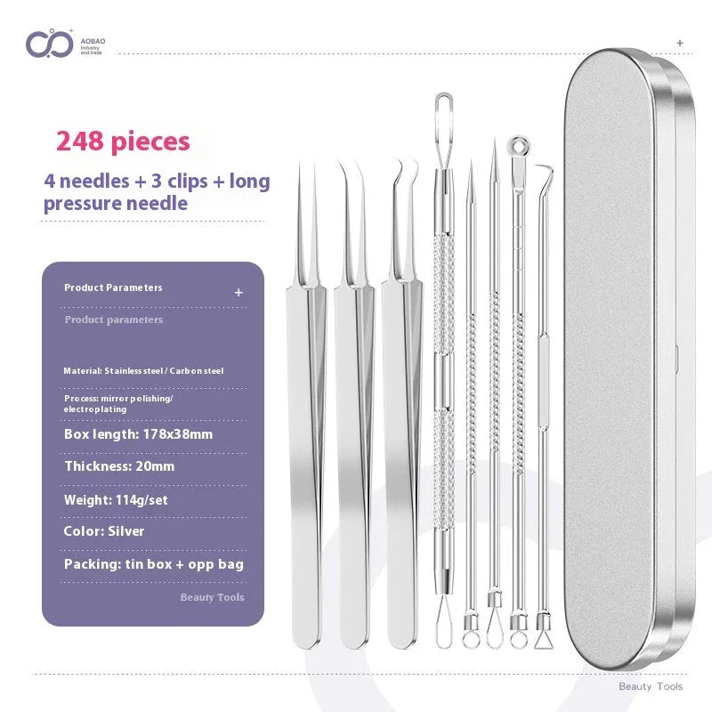 4-piece silver metal acne needle set with ultra-fine pointed tips for skin care