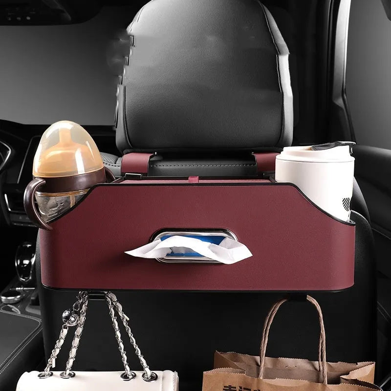 Genuine leather car tissue box holder with water cup storage compartment