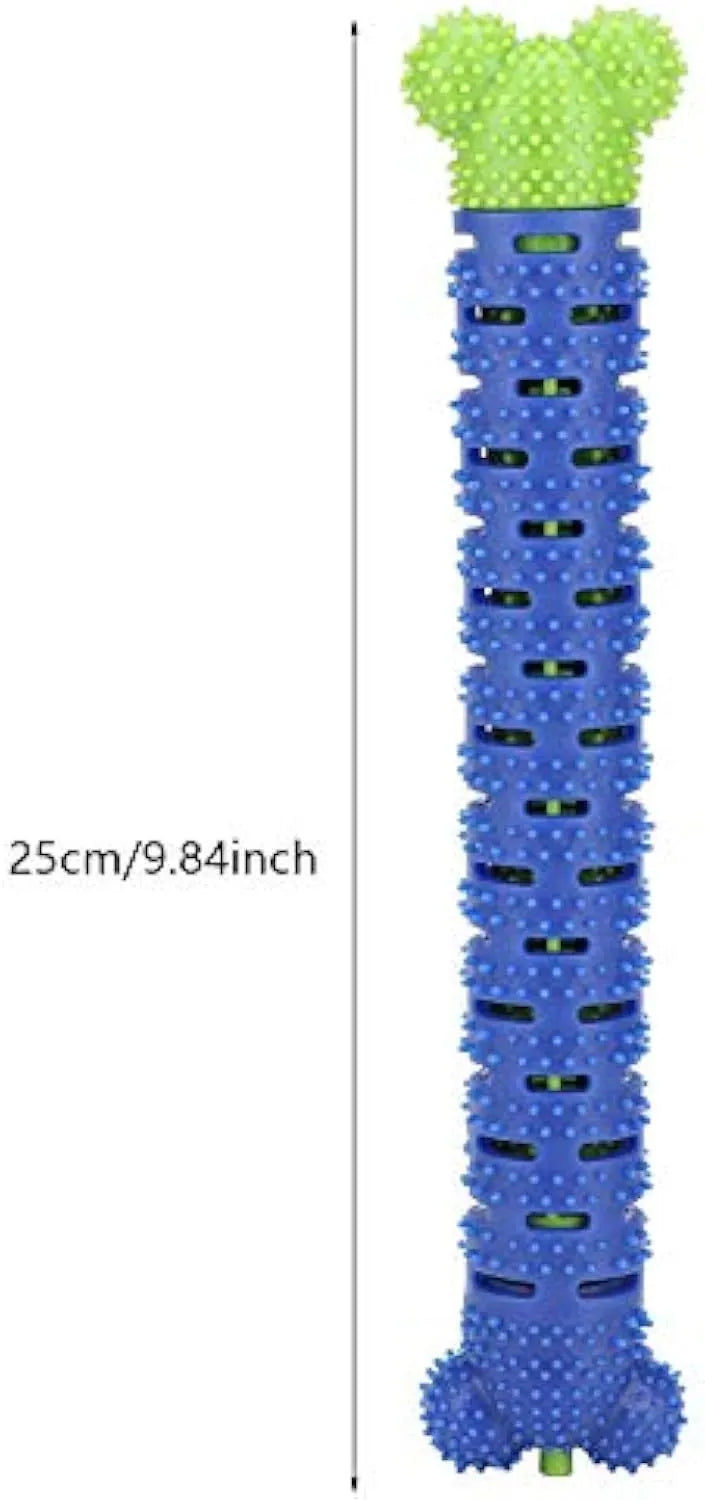 Blue green dog dental cleaning stick with silicone brush head and massage nodules measuring 25cm