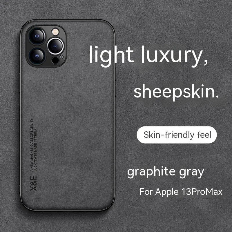 Magnetic lambskin iPhone case with simple text design, anti-fall protection, available in four colours