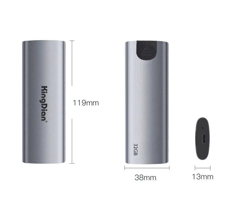 Grey portable SSD with USB3.0 interface for direct mobile phone connection, 119mm x 38mm x 13mm dimensions