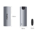 Grey portable SSD with USB3.0 interface for direct mobile phone connection, 119mm x 38mm x 13mm dimensions