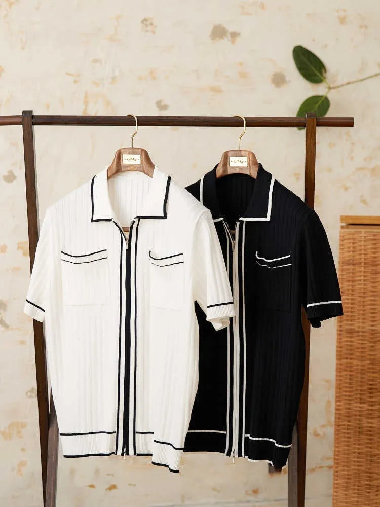 A man's slim-fit short-sleeved polo shirt with a lapel collar, shown in black and white.