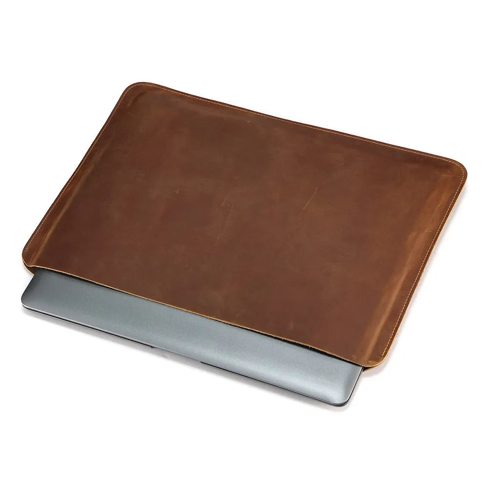 Genuine crazy horse leather horizontal computer liner bag in medium brown colour