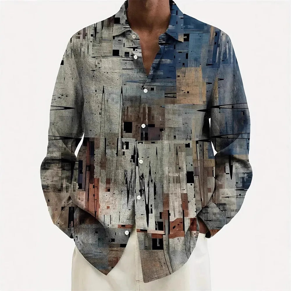 Hawaiian floral pattern men's long sleeve shirt in loose cardigan style with stretch polyester fabric