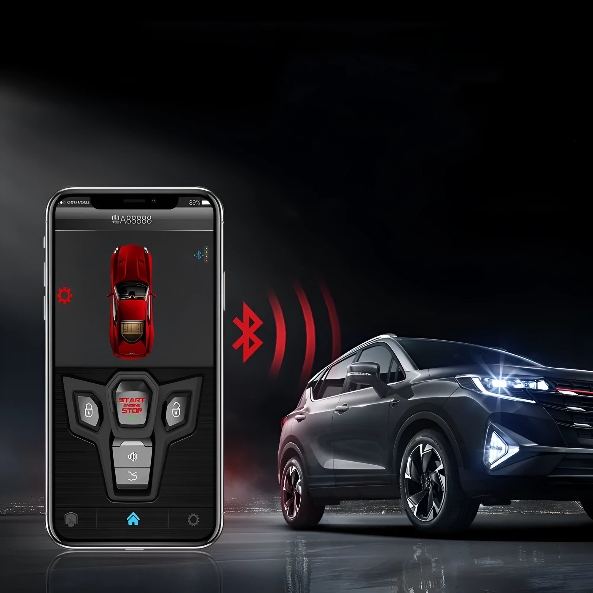 Red and frosted black one-way car alarm system with two remote controls for 3000 metre vehicle security