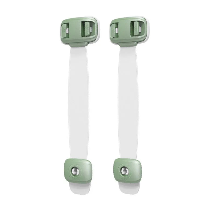 Adjustable child safety cabinet lock with strap showing grey and green colour options
